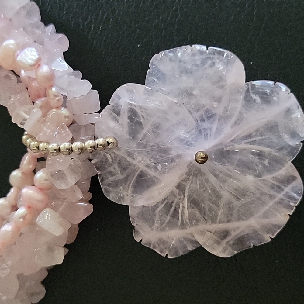 Vintage 5-Strand Rose Quartz and Freshwater Pearl Necklace w/Silver Clasp - Picture 3 of 3